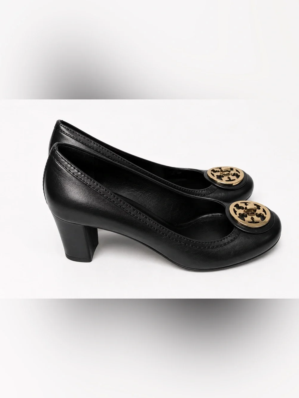 Tory Burch Black Leather Miller Heels Gold Logo Pumps Size 7M
